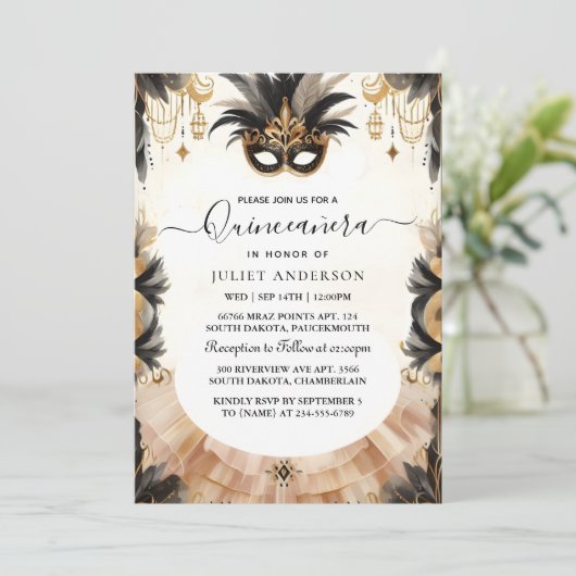 Bij Fancy Prom Mask Fun Masquerade Ball Quinceaner Kaart (Staand voorkant)