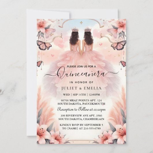 Bij Fun Joy Lily Twin Dual Joint Dubbele Quinceane Kaart (Voorkant)