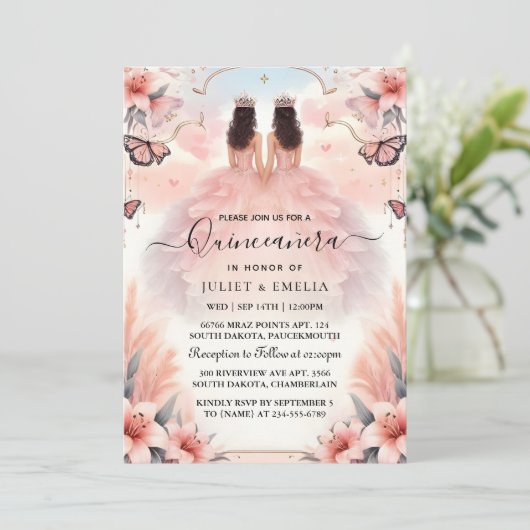 Bij Fun Joy Lily Twin Dual Joint Dubbele Quinceane Kaart (Staand voorkant)