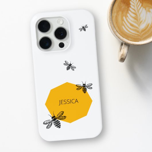 Bij Gele Aangepaste Naam Modern Honingraat Zomer Case-Mate iPhone Case