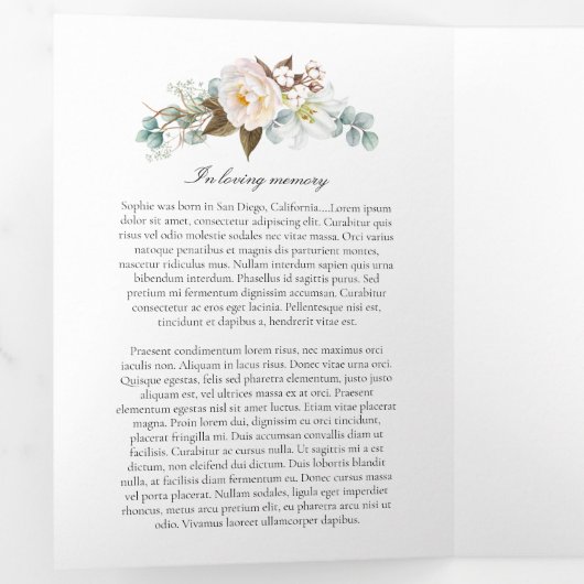 Bij het liefdevolle Memory Celebration of Life Pro Drieluik Uitnodiging (Binnenzijde eerst)