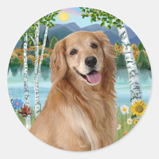 Bij het meer - Golden Retriever Ronde Sticker (Voorkant)