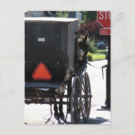 Bij het stopteken, een amish paard briefkaart (Voorkant)