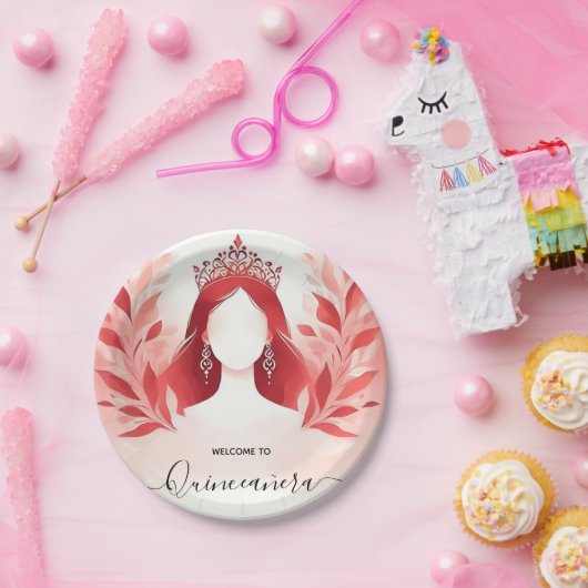 Bij Hot Pink Crown Tiara Black Lace Red Quinceaner Papieren Bordje (Feest)