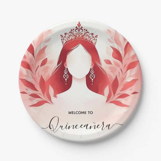 Bij Hot Pink Crown Tiara Black Lace Red Quinceaner Papieren Bordje (Voorkant)