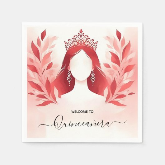 Bij Hot Pink Crown Tiara Black Lace Red Quinceaner Servet (Voorkant)