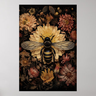 Bij in donkere bloem, wilde, humeurige hommelprint poster