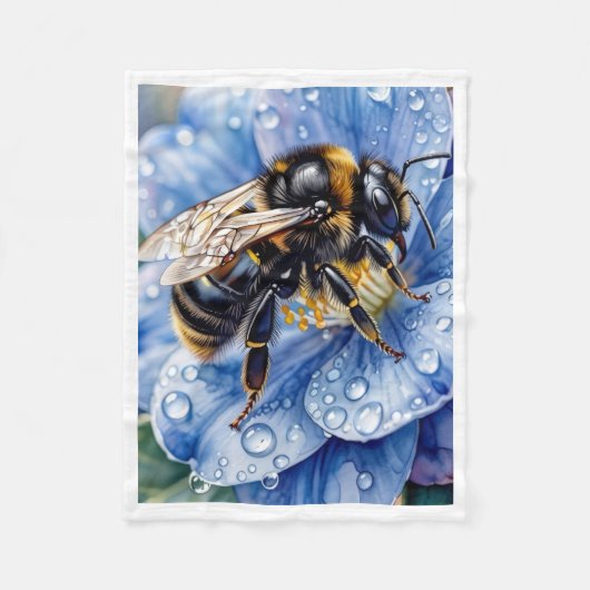 Bij op Blauwe Bloem Dekbed Fleece Deken (Voorkant)