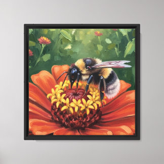 Bij op oranje bloem canvas afdruk