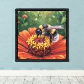 Bij op oranje bloem canvas afdruk (Insitu (Houten vloer))