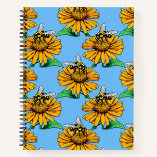 Bij op zonnebloem bloempatroon ontwerp blauw  notitieboek