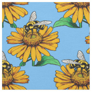 Bij op zonnebloem bloempatroon ontwerp blauw stof
