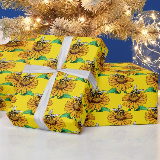 Bij op zonnebloem bloempatroon ontwerp geel cadeaupapier