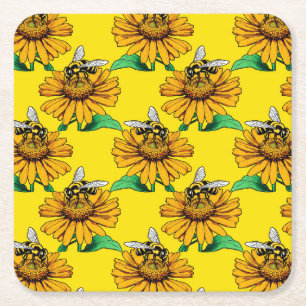 Bij op zonnebloem bloempatroon ontwerp geel kartonnen onderzetters