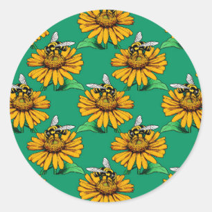 Bij op zonnebloem bloempatroon ontwerp groen ronde sticker