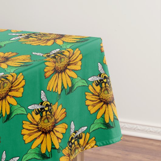 Bij op zonnebloem bloempatroon ontwerp groen tafelkleed (Voorbeeld)