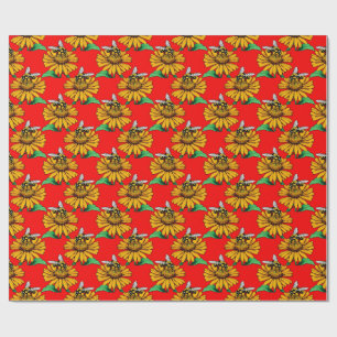 Bij op zonnebloem bloempatroon ontwerp rood  cadeaupapier