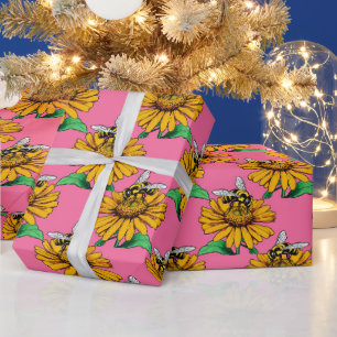 Bij op zonnebloem bloempatroon ontwerp roze cadeaupapier