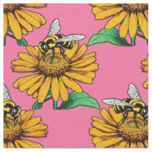 Bij op zonnebloem bloempatroon ontwerp roze stof