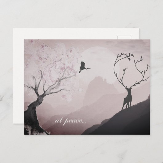 bij vrede ~ Roze Full Moon en Mountain Scene Japan Briefkaart (Voorkant / Achterkant)