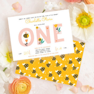 Bij Yellow & Roze Bloem ONE Baby's 1st Verjaardag Kaart