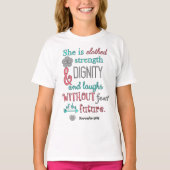 Bijbel, Proverbs 31:25, ze is in sterkte geklokt T-shirt (Voorkant)