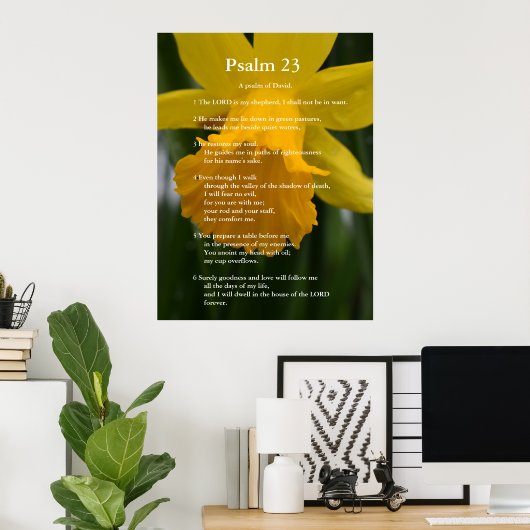Bijbel Psalm 23 scripture verses. yellow daffodil Poster (Thuiskantoor)