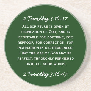Bijbelpassage 2 Timothy 3:16-17 in witte tekst. Zandsteen Onderzetter