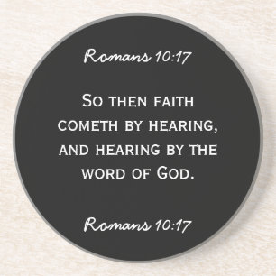 Bijbelpassage Hebreeuws 11:6 in witte tekst. Zandsteen Onderzetter