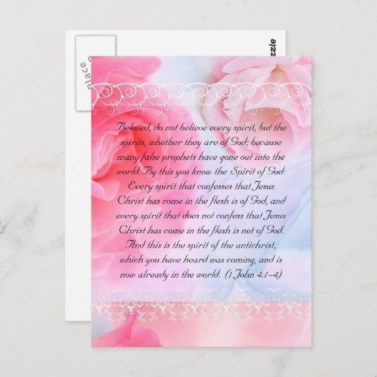 Bijbelpassage, roze rozen op blauw briefkaart (Voorkant / Achterkant)