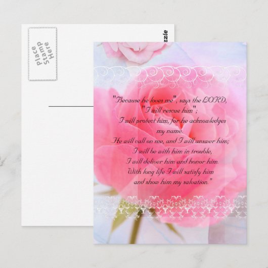 Bijbelpassage, roze rozen op blauw briefkaart (Voorkant / Achterkant)