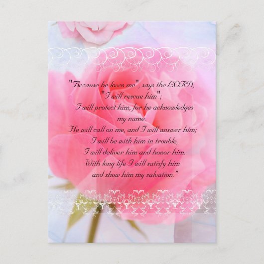 Bijbelpassage, roze rozen op blauw briefkaart (Voorkant)