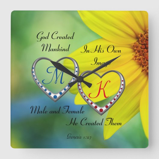 Bijbelscripttekst met dubbele hartmonogrammen T Vierkante Klok (Voorkant)