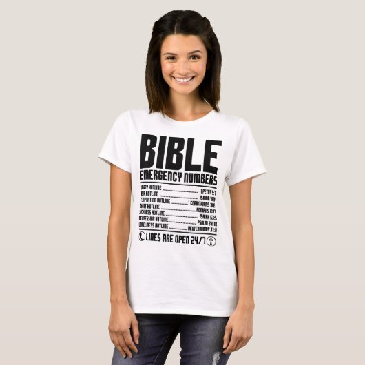 Bijbelse alarmnummers Heilige Hotline T-shirt (Voorkant volledig)
