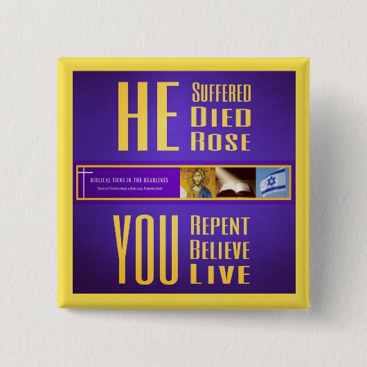 Bijbelse tekens "HE Dood/JIJ Live" Button (geel) (Voorkant)