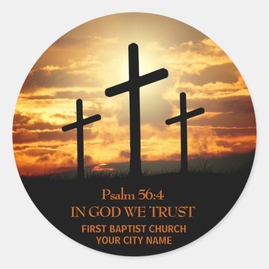 Bijbeltekststicker met drie kruizen ronde sticker (Voorkant)