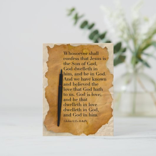 Bijbelvers 1 Johannes 4:15-16 KJV Briefkaart (Staand voorkant)