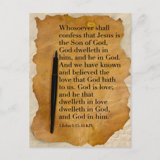 Bijbelvers 1 Johannes 4:15-16 KJV Briefkaart (Voorkant)