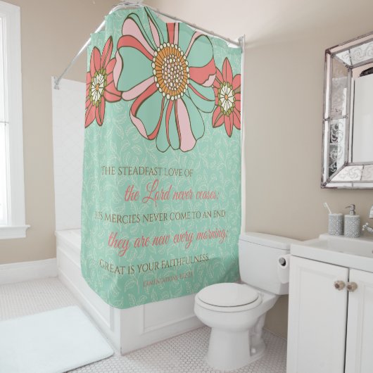 Bijbelvers Aqua & Roze Retro Bloemen Douchegordijn (In situ)