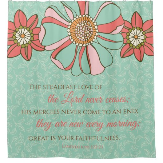 Bijbelvers Aqua & Roze Retro Bloemen Douchegordijn (Voorkant)