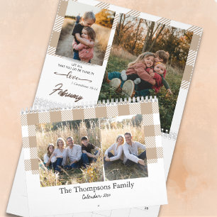 Bijbelvers Beige Buffalo Plaid Familie Foto Kalender