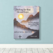 Bijbelvers Berg Zon Bokeh Canvas Afdruk (Insitu (Houten vloer))
