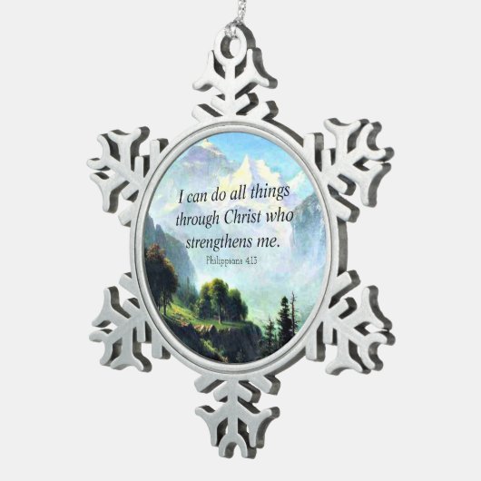 Bijbelvers, Fil 4:13, Ik kan alles... Tin Sneeuwvlok Ornament (Rechts)