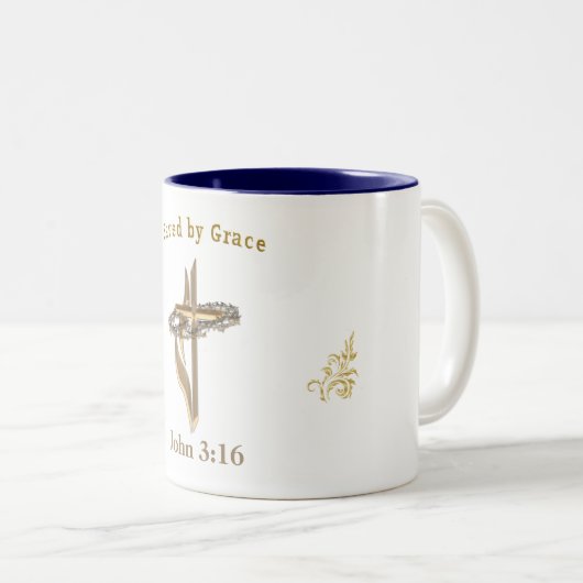 Bijbelvers gered door genade tweekleurige koffiemok (Voorkant rechts)