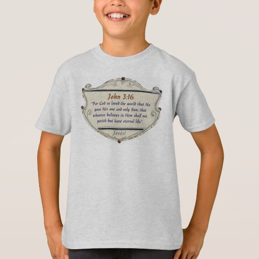 Bijbelvers Johannes 3:16 Schild Kind T-shirt (Voorkant)