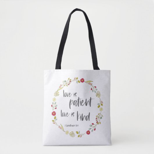 Bijbelvers: Liefde is patiënt, Liefde is vriendeli Tote Bag (Voorkant)