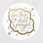 Bijbelvers uit 1 Samuel 1:27 Labels<br><div class="desc">Vier de komst van een kleintje met dit hartverwarmende ontwerp met het Bijbelvers uit 1 Samuël 1:27: "Voor dit kind heb ik gebeden." Perfect voor een Christelijk baby shower, dit ontwerp belichaamt de vreugde en dankbaarheid van verhoorde gebeden. Of je nu voor de douche decoreert of cadeau doet aan aanstaande...</div>