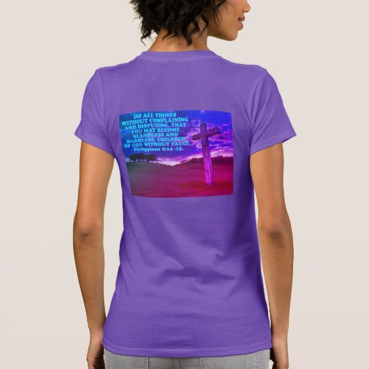 Bijbelvers uit de Filipijnen 2:14-15. T-shirt (Achterkant)