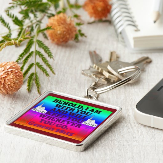 Bijbelvers uit Genesis 28:15. Button Sleutelhanger (Zijkant)