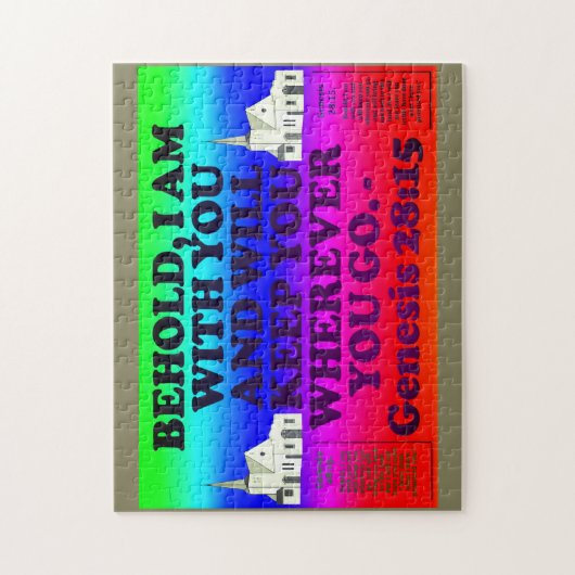 Bijbelvers uit Genesis 28:15. Legpuzzel (Verticaal)